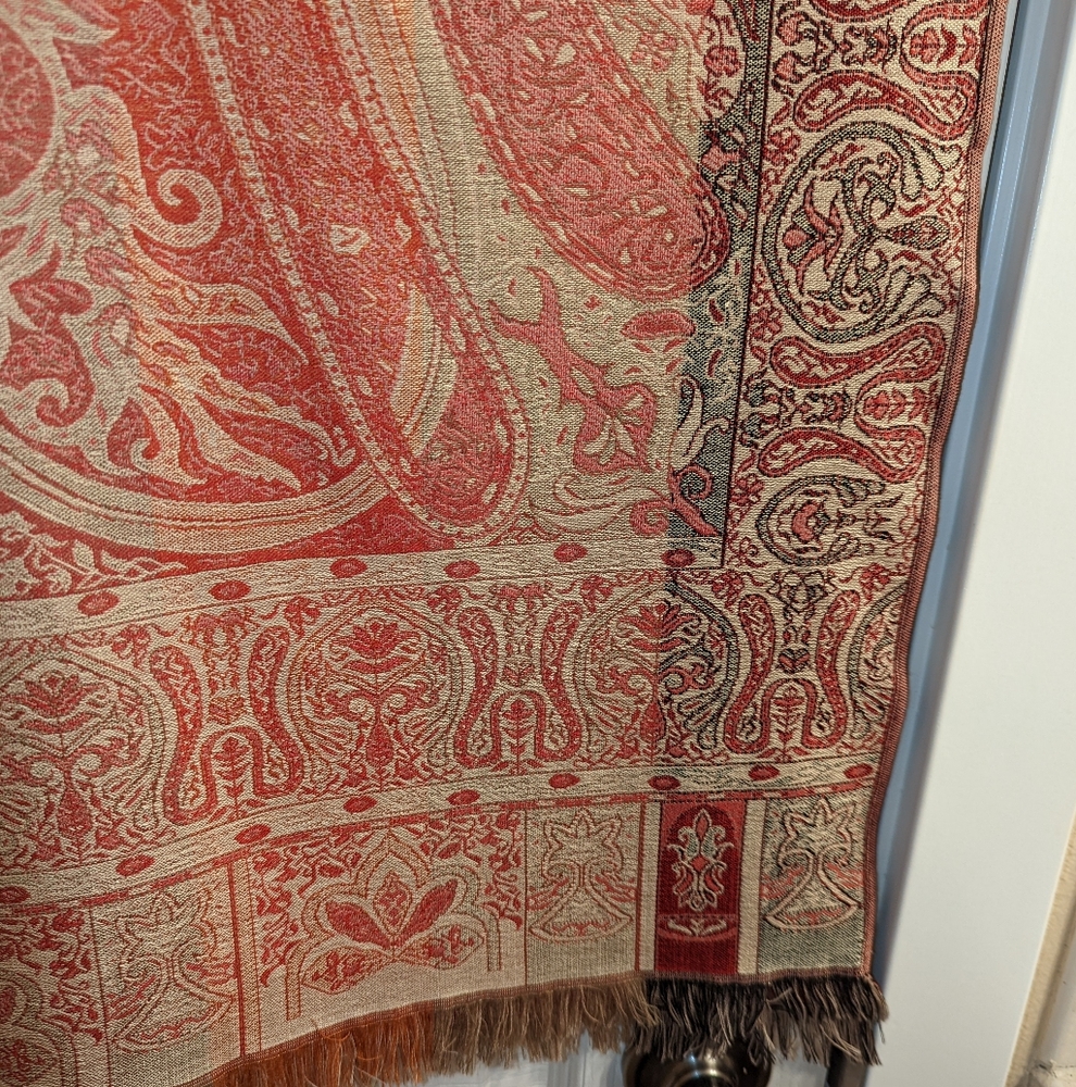 "Pashmina" Wrap - Red, Gold & Black Pattern w/border. Fringe edges. One size - Picture 3 of 11
